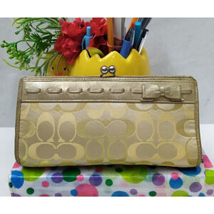 Coach Signature Yellow Canvas Leather Trim Kisslock Framed Wristlet Wallet